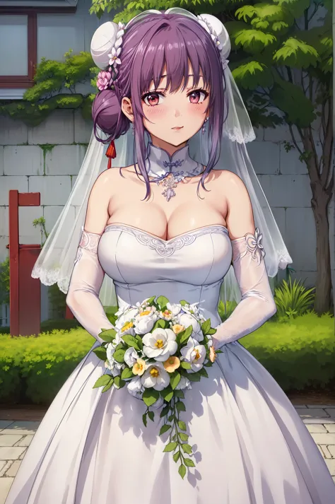 Takasaki_mayumi,high resolution,
Close-up of beautiful bride wearing beautiful wedding dress,Gurwitz,(bridal veil:1.5），（Transparent short veil：1.5），Blushing face，Head flower，headgear，（tube top wedding dress：1.5），（strapless dress：1.2）,（Strapless wedding dre...