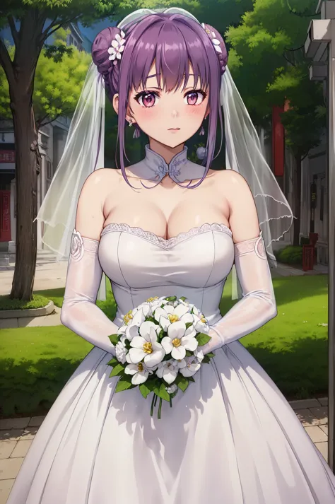 Takasaki_mayumi,high resolution,
Close-up of beautiful bride wearing beautiful wedding dress,Gurwitz,(bridal veil:1.5），（Transparent short veil：1.5），Blushing face，Head flower，headgear，（tube top wedding dress：1.5），（strapless dress：1.2）,（Strapless wedding dre...