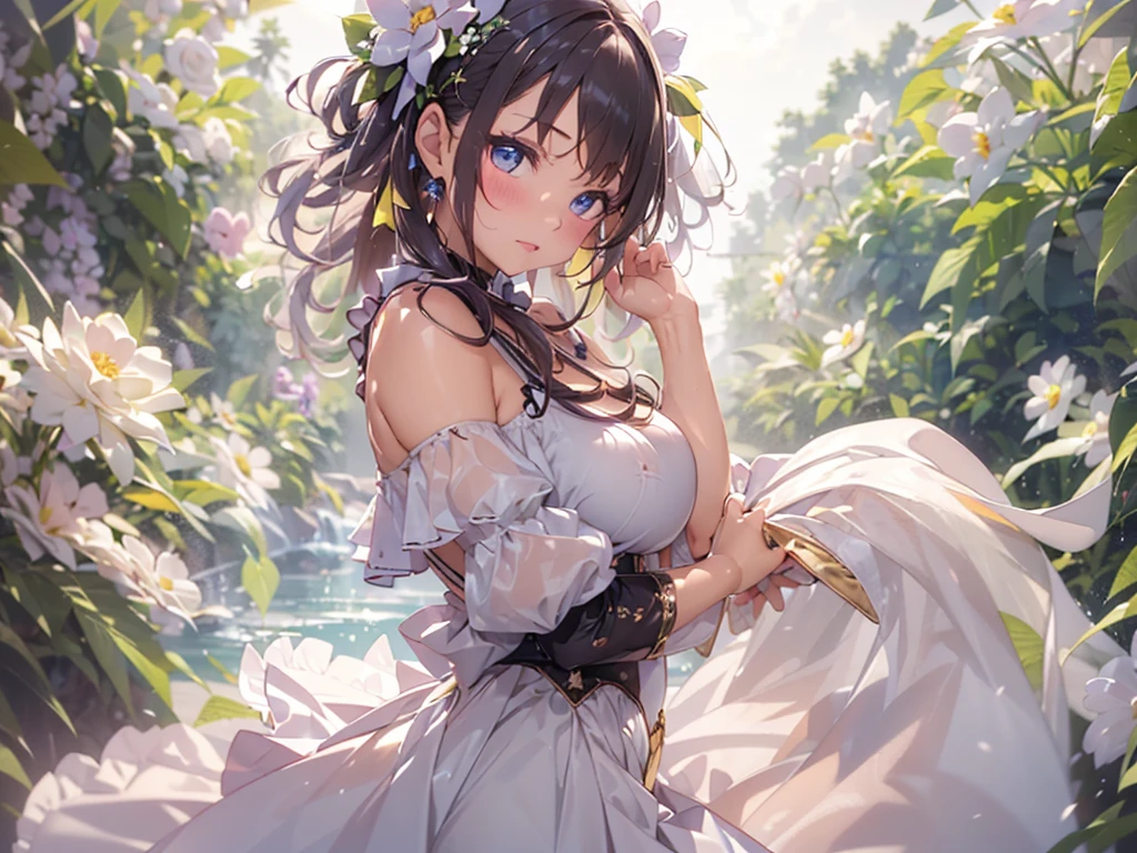 NSFW,((masterpiece)),(((highest quality))),((super detailed)),((((realistic)))),((messy hair)),((frills)),(1 girl),(alone),sex from behind, (((butt focus))),,lipstick,dynamic angle,big top sleeves,floating,Beautiful detail sky,Onbeautiful detailsfor water,beautiful detailed eyes,exposed exposed,(fist),Expressionless,Side Brandbang,Hare Between Eyes,ribbon,A bow tie,button,bare shoulders,(((small breast))),detailedwetclothes,Blanc Stare,pleated skirt,flowers  