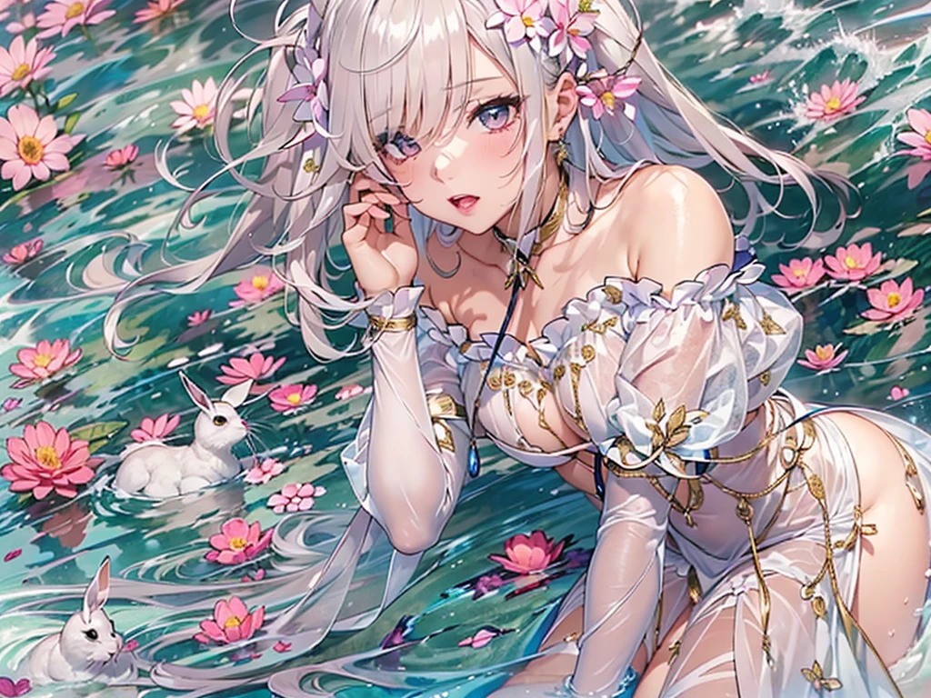 NSFW,((masterpiece)),(((highest quality))),((super detailed)),((((realistic)))),((messy hair)),((frills)),(1 girl),(alone),sex from behind, (((butt focus))),,lipstick,dynamic angle,big top sleeves,floating,Beautiful detail sky,Onbeautiful detailsfor water,beautiful detailed eyes,exposed exposed,(fist),Expressionless,Side Brandbang,Hare Between Eyes,ribbon,A bow tie,button,bare shoulders,(((small breast))),detailedwetclothes,Blanc Stare,pleated skirt,flowers  