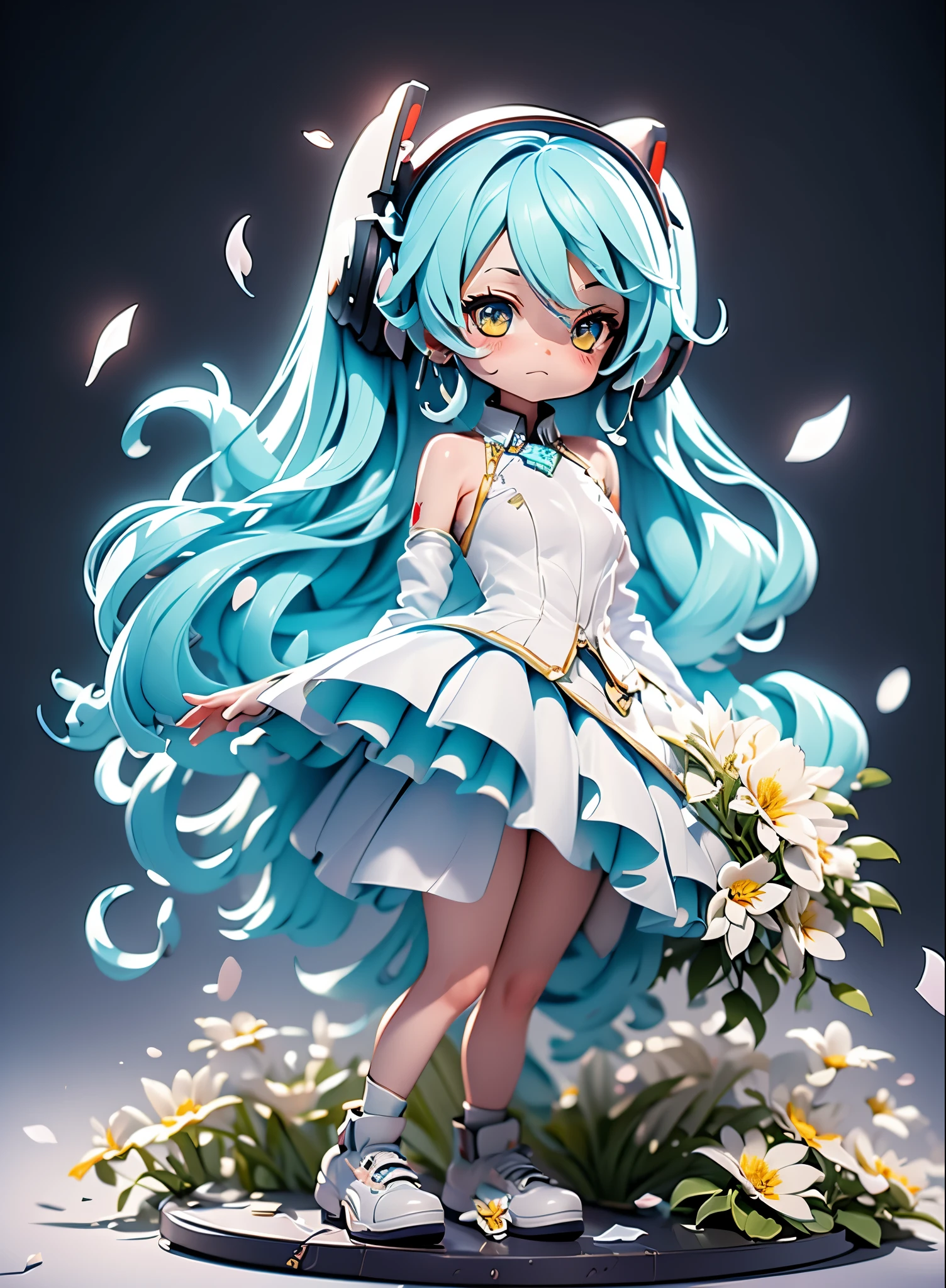 hatsune miku blue hair , Kagamine Rin yellow hair , White Wedding Dresses, long hair, flower hairpin, wedding bouquet wrapped in white paper, hand caressed hair, The effect of falling white petals, lily, big,