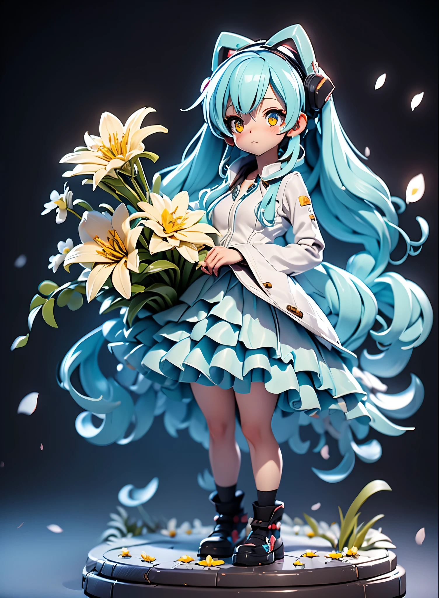 hatsune miku blue hair , Kagamine Rin yellow hair , White Wedding Dresses, long hair, flower hairpin, wedding bouquet wrapped in white paper, hand caressed hair, The effect of falling white petals, lily, big,