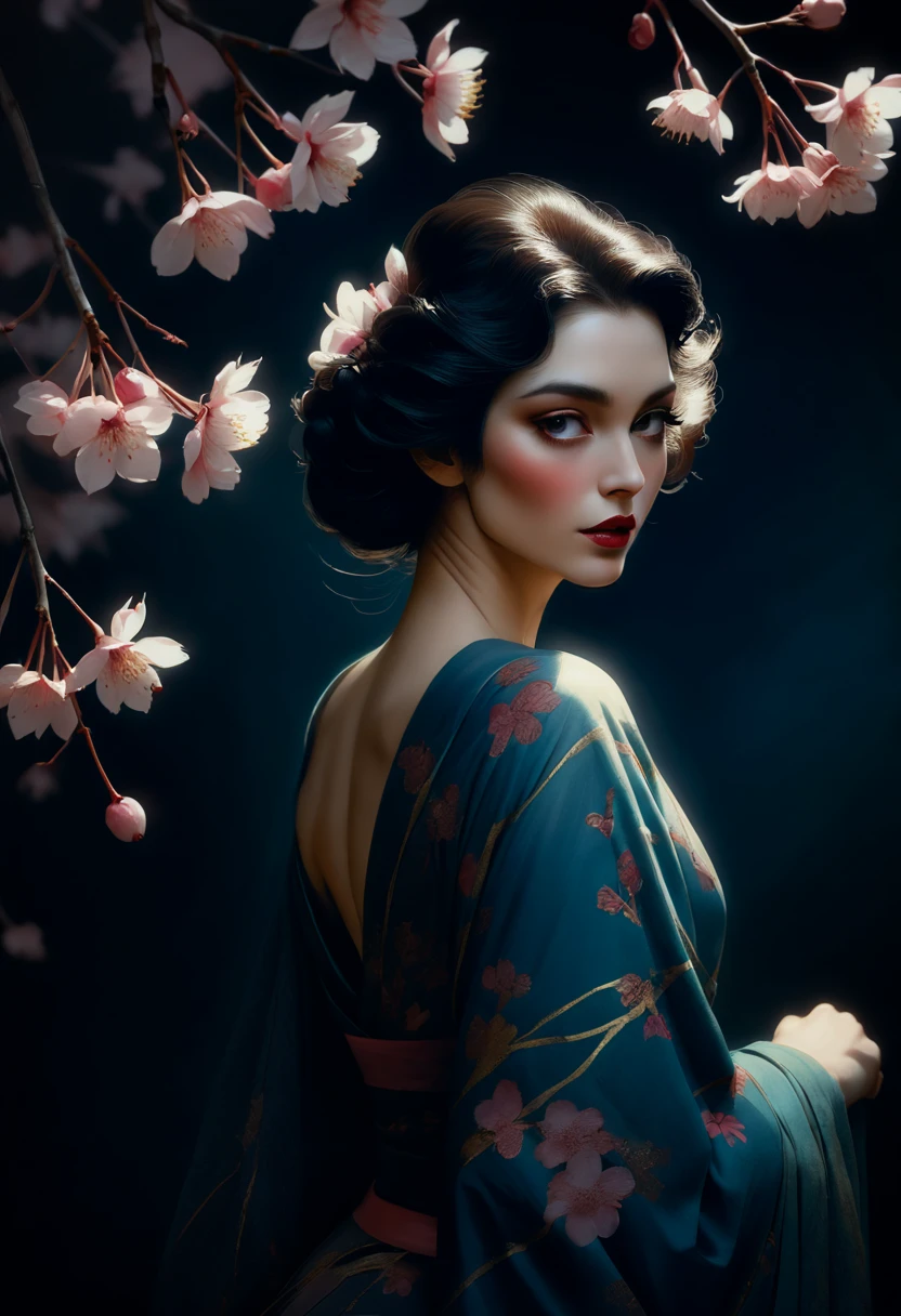 Spring, cherry blossoms, Very beautiful, gouache wash, cinematic, calligraphic lines. Rolf Armstrong, Darkness, eerie, mysterious, modern vintage, Rich deep colors, boho style, beautiful patterns, vogue style illustration