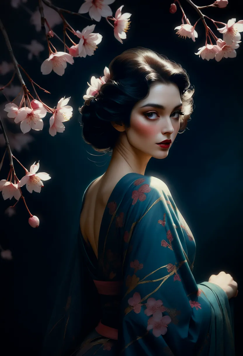 Spring, cherry blossoms, Very beautiful, gouache wash, cinematic, calligraphic lines. Rolf Armstrong, Darkness, eerie, mysteriou...