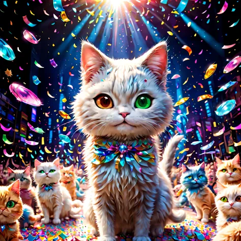colorful confetti:1.3, Glowing confetti, There&#39;s so much confetti that you can&#39;t see the cast. (Maximizing the beauty of confetti), broadway musical「cats」grand finale of, personification, cat style cosplay, Cat ear, tailed, The leotard is , luxurio...