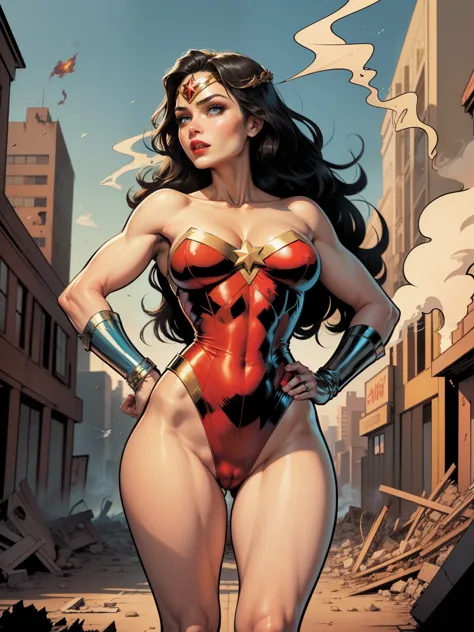 (((A comic style, cartoon art))), A comic book-style image of Wonder Woman, with her as the central figure. She is standing with her hands on her hips, looking straight ahead with determination. She wears a red, blue and gold outfit, (((Hot body, sexy, cam...
