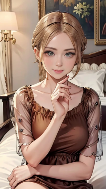 HD，high quality，8K，Beautiful，Eyes like silk，big eyes，Royal sister，Mature，apple hair，Beauty with short hair，brown hair，charming smile，Shy，yellow casual wear，Peerless beauty，Upper body photo，Photo，Slim，Do not show your hands，hyper-realistic，Sitting on the big bed in the mansion