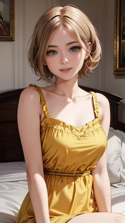 HD，high quality，8K，Beautiful，Eyes like silk，big eyes，Royal sister，Mature，apple hair，Beauty with short hair，brown hair，charming smile，Shy，yellow casual wear，Peerless beauty，Upper body photo，Photo，Slim，Do not show your hands，hyper-realistic，Sitting on the big bed in the mansion