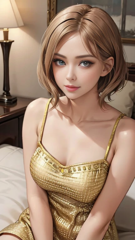 HD，high quality，8K，Beautiful，Eyes like silk，big eyes，Royal sister，Mature，apple hair，Beauty with short hair，brown hair，charming smile，Shy，yellow casual wear，Peerless beauty，Upper body photo，Photo，Slim，Do not show your hands，hyper-realistic，Sitting on the big bed in the mansion