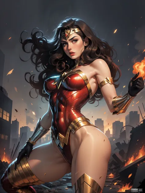 (((A comic style, cartoon art))), A comic book-style image of Wonder Woman in dynamic sexy pose, with her as the central figure. She is standing with her hands on her hips, looking straight ahead with determination. She wears a red, blue and gold outfit, (...