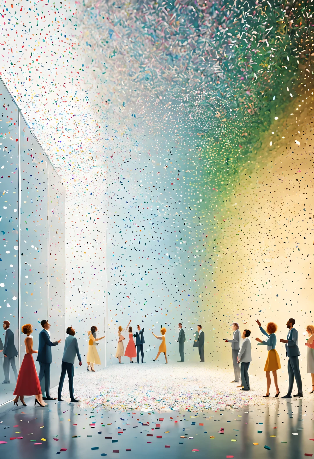 In the center of the picture is a glass wall，White people shaped confetti passing through glass wall，turn into confetti, ，production art, Interesting illustration, cartoon