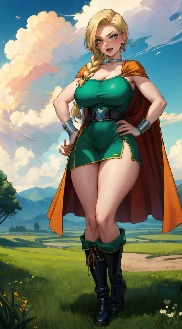 masterpiece, best quality, dqBianca, single braid, earrings, choker, orange cape, green dress, belt, looking at viewer, large breasts, hands to hips, boots, smirk, open mouth, furrowed brow, smile, sky, clouds, fields