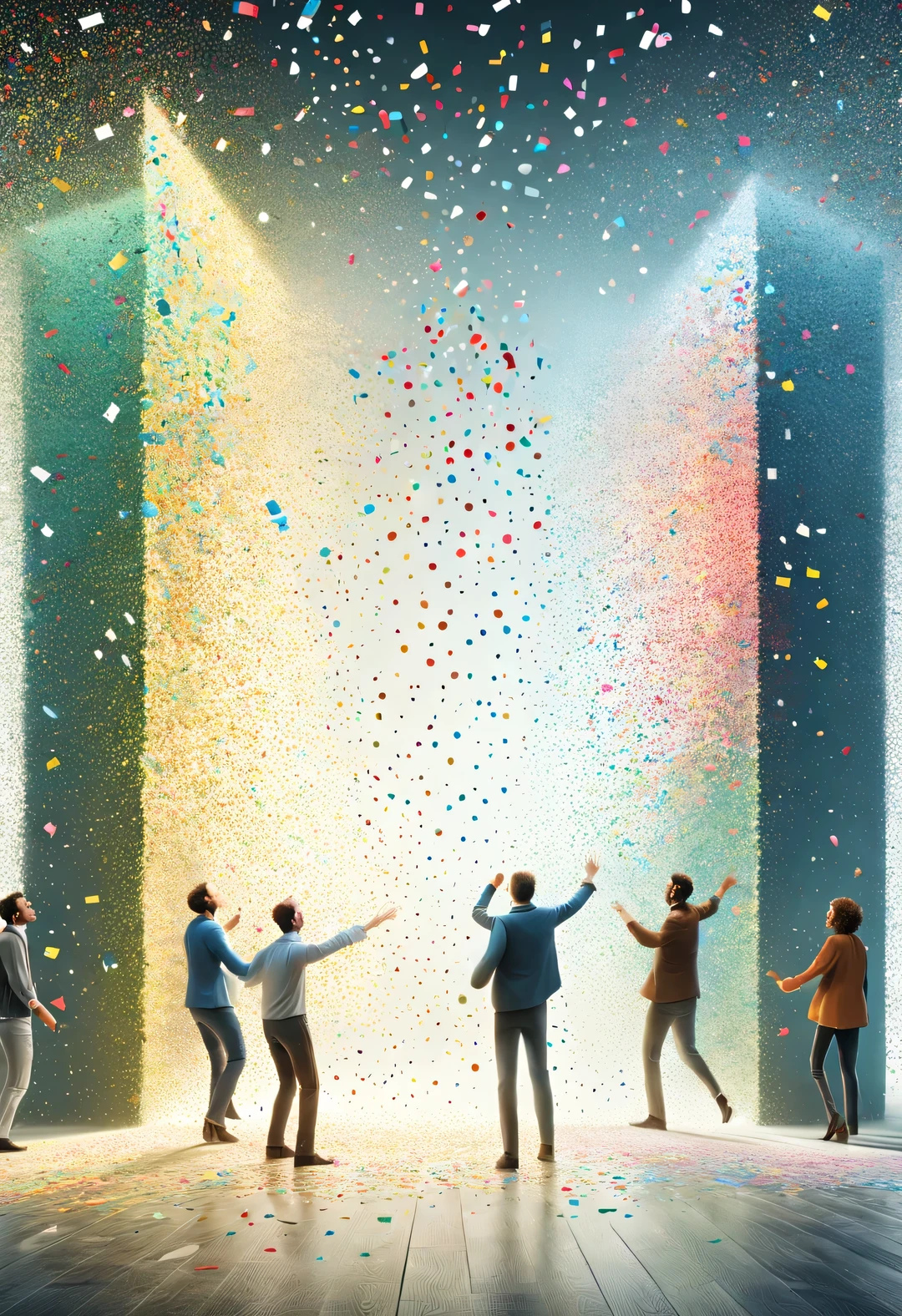 In the center of the picture is a glass wall，White people shaped confetti passing through glass wall，turn into confetti, ，production art, Interesting illustration, cartoon