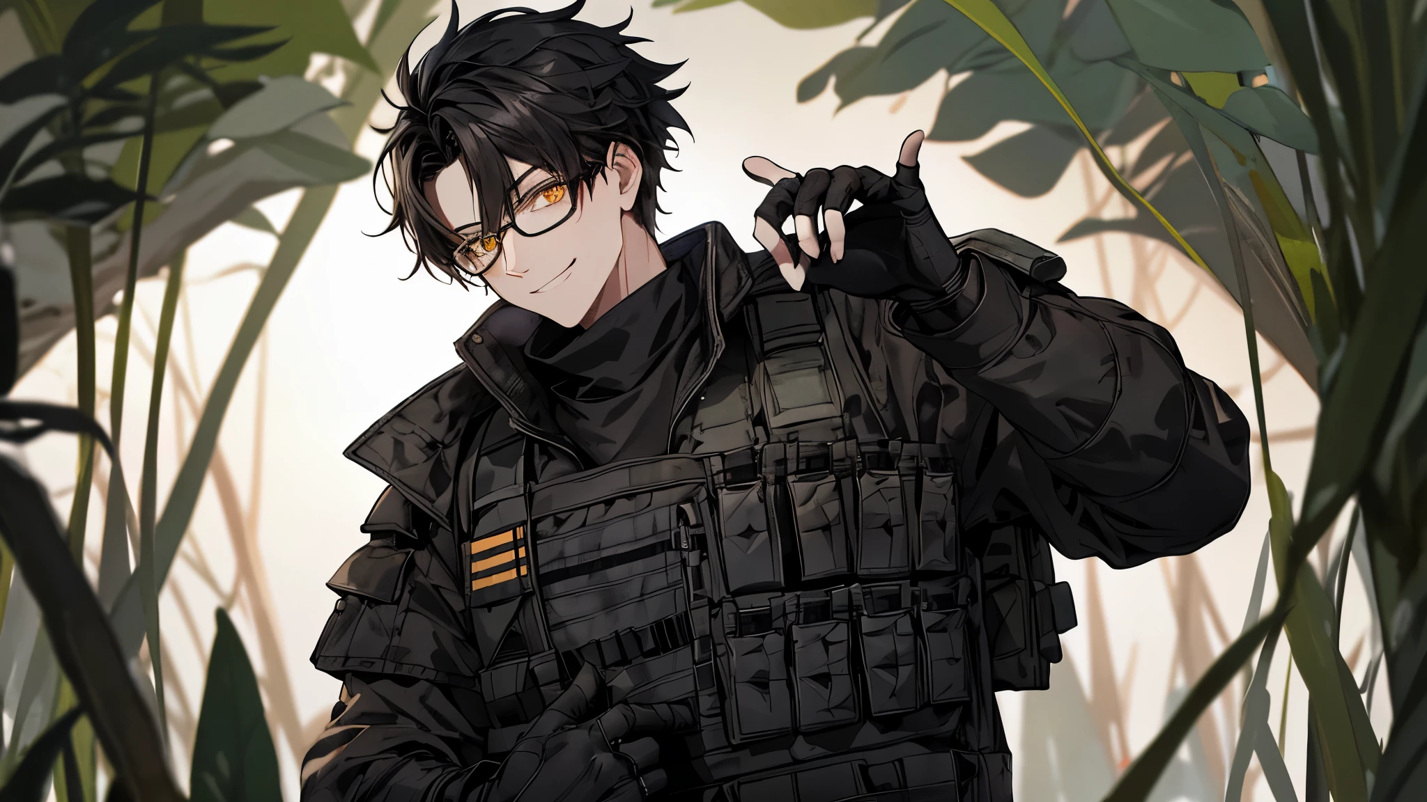 Anime guy in black uniform holding a gun in a jungle - SeaArt AI