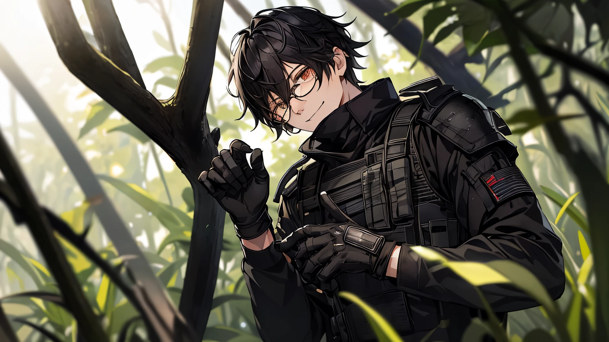 Anime guy in black jacket and gloves standing in a forest - SeaArt AI