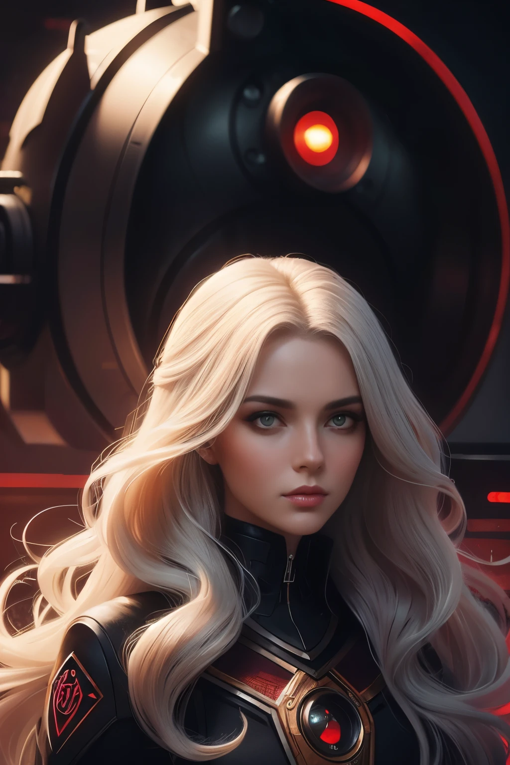 Portrait of a beautiful girl with wavy white hair, wearing a formal black dress with metal parts, red eyes, monograms in the background, digital painting, dark colors, 8k, complex details, vintage, retro futuristic style, sharp focus on the center, pastel colors, art station, (sci-fi, future, future theme), (facial expression looking with disdain), (detailed illustration)