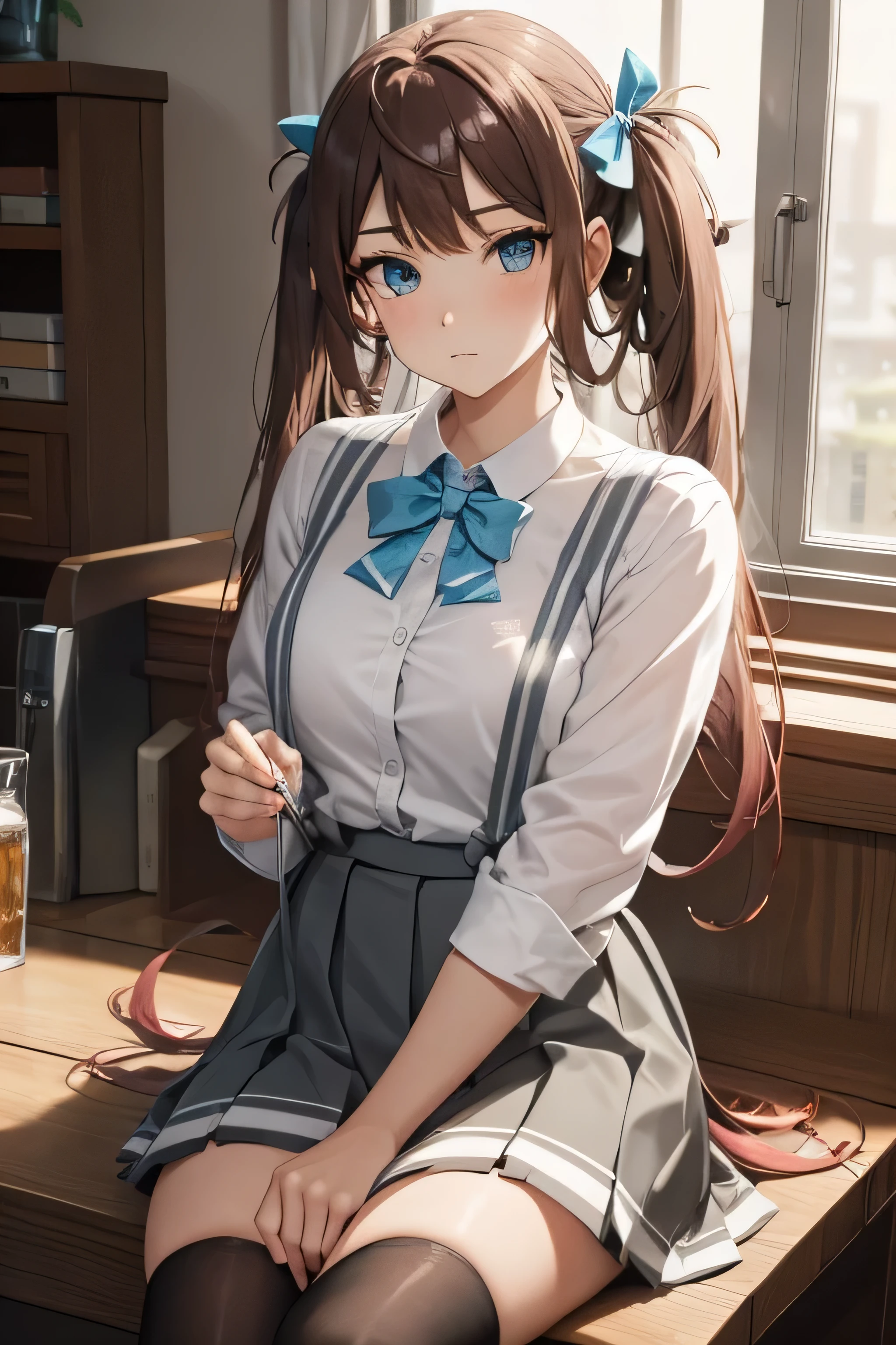 Anime girl sitting on a table with a glass of beer SeaArt AI