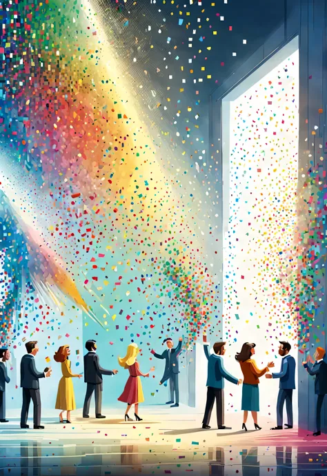 In the center of the picture is a glass wall，White people shaped confetti passing through glass wall，turn into confetti, ，produc...