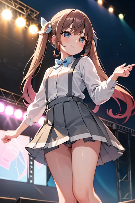 Asagumo KC, (white) shirt, (suspenders) mini skirt, (hair) ribbon, (pleats) mini skirt, (gray), shoes, twin tails, break, cowboy shot, Looking up from under your feet:1.5, Flip up the skirt yourself:1.5, panty shot:1.5, smile, (outdoor:1.5, outdoor stage:1...