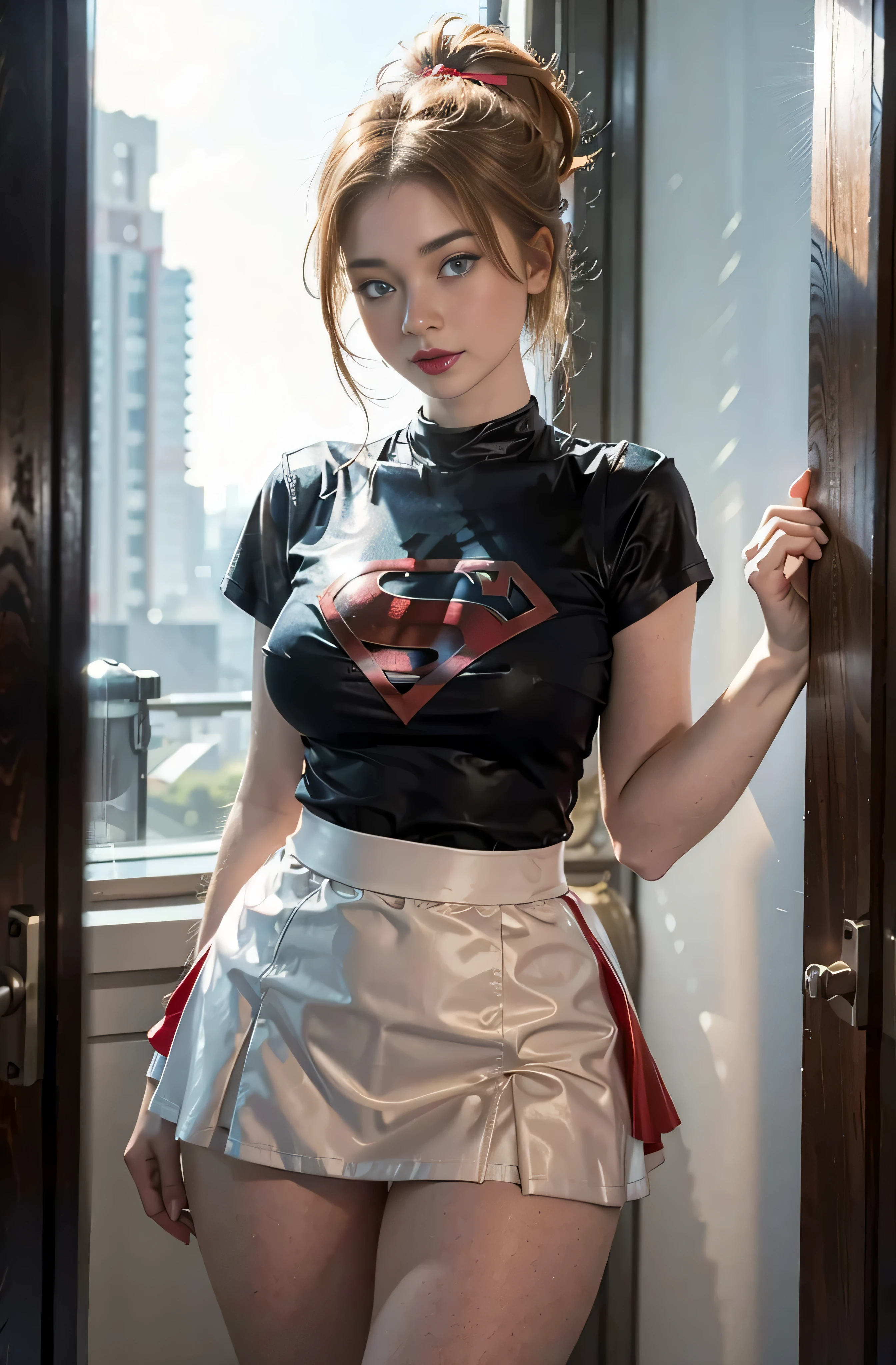 4K, 현실적인, 카리스마 넘치는, 매우 상세한, 하늘에 소녀가 있어요, 드레스ed in a super girl costume, 그녀는 슈퍼걸이야, 슈퍼 히어로 테마, 금발의 짧은 머리, 포니테일, 20 년, 전신, (눈의 디테일), (얼굴의 디테일), 믿을 수 없을 정도로 아름다운, 파란 눈, 붉히다, 조립, ((빨간 립스틱)), ((미니스커트)), (넓은 엉덩이),  (두꺼운 허벅지), 작은 가슴, 드레스,, 매혹적인 포즈, (극단적인 모래시계 모양), 얇은, 날씬한, 흰색 스커트, 부츠, ((타이트한 티셔츠))