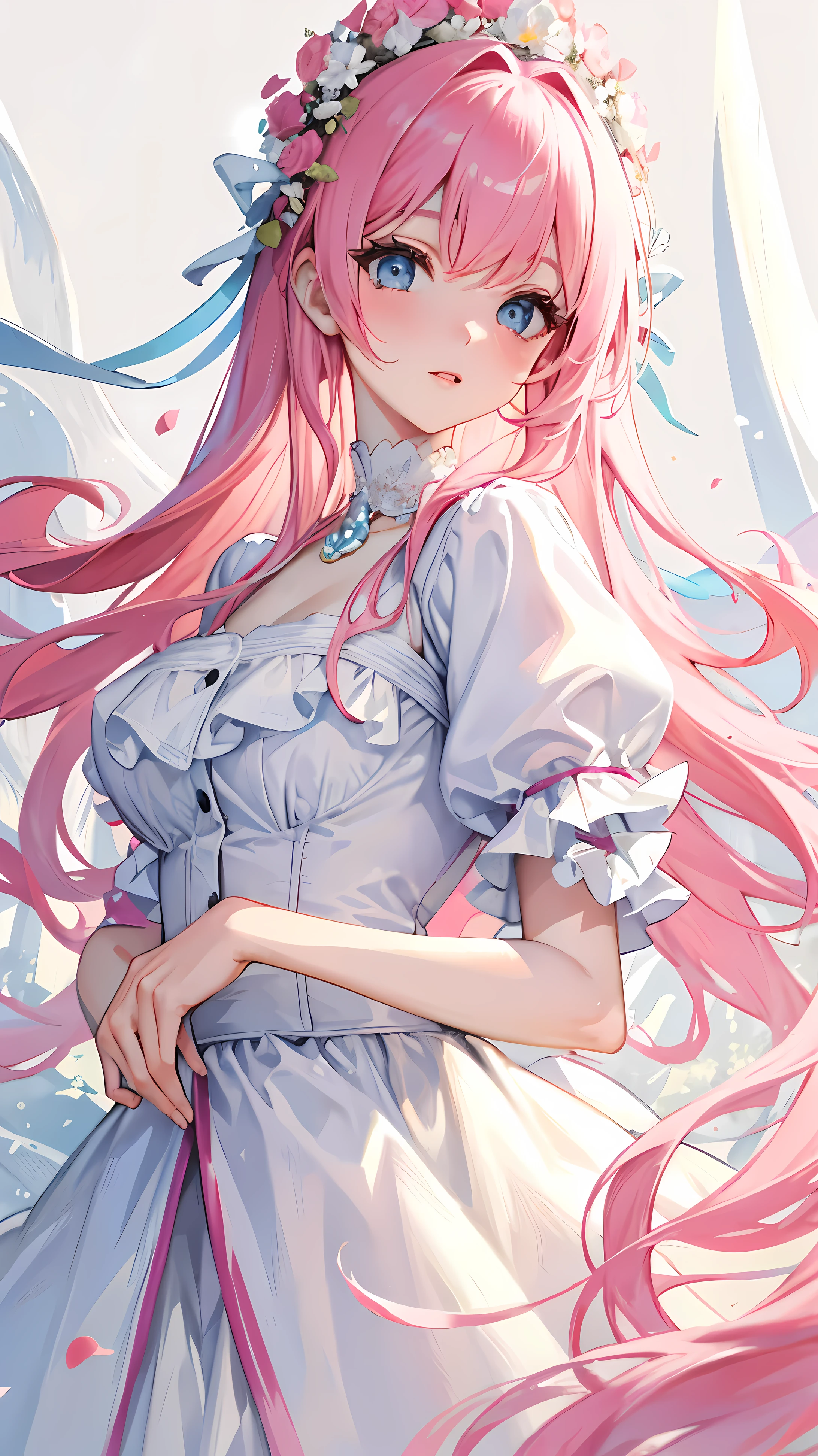 ((masterpiece)), high quality, super detailed, pink hair + White clothes: 1.2, sweet and delicate girl, Exquisite facial features, Perfect body, surrounded by roses, The colors are bright and bright, pearl white background, Romantic long hair, Natural light, warm and sweet, blue eyes, Floral hair ornaments.