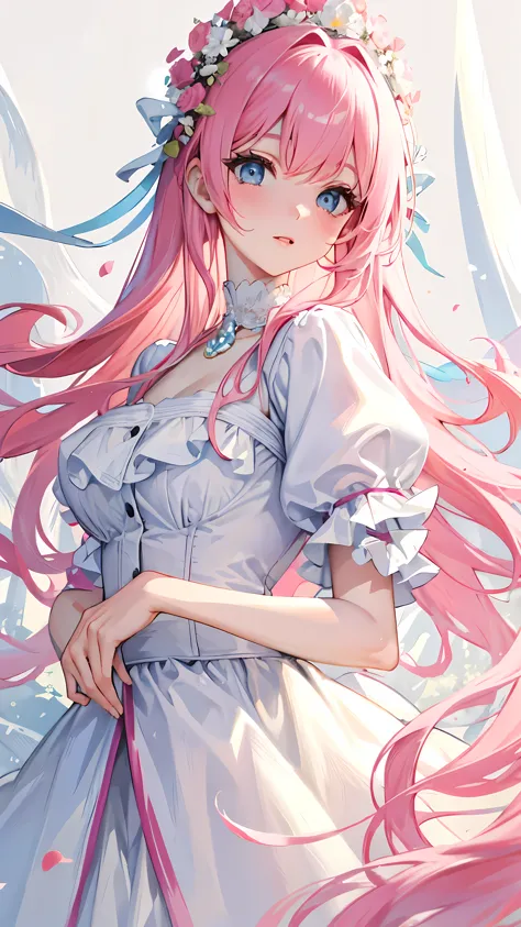 ((masterpiece)), high quality, super detailed, pink hair + White clothes: 1.2, sweet and delicate girl, Exquisite facial feature...