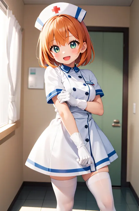 1 girl, alone, nurse, nurse cap, Whiteware, ((white legwear, zettai ryouiki)), white gloves, very short hair, orange hair, smile...