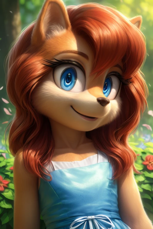 (best quality,4k,highres,studio quality:1.2),ultra-detailed,(realistic,photorealistic:1.37),masterpiece,(detailed:1.1),Sally Acorn,1girl,blue eyes,beautiful detailed eyes,long luxurious hair,flowy hair,open eyes,smiling,lovely dress,flower garden,green grass,tall trees,blooming flowers,butterflies flying around,vivid colors,natural sunlight.