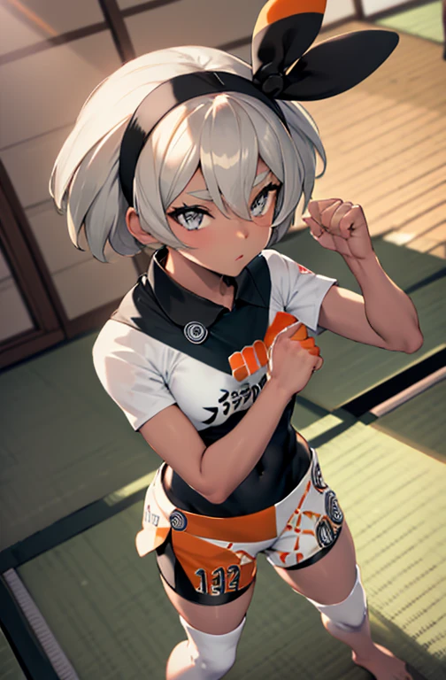 (masterpiece,best quality, detailed), 1girl, solo, indoors, dojo, tatami, from above, fighting stance, clenched hands, looking at viewer, closed mouth, legs apart, fisheye lens, depth of field, full body image, bea \(pokemon\), bow hairband, tied shirt, print shirt, black bodysuit, bodysuit under clothes, single glove, print shorts, knee pads,  