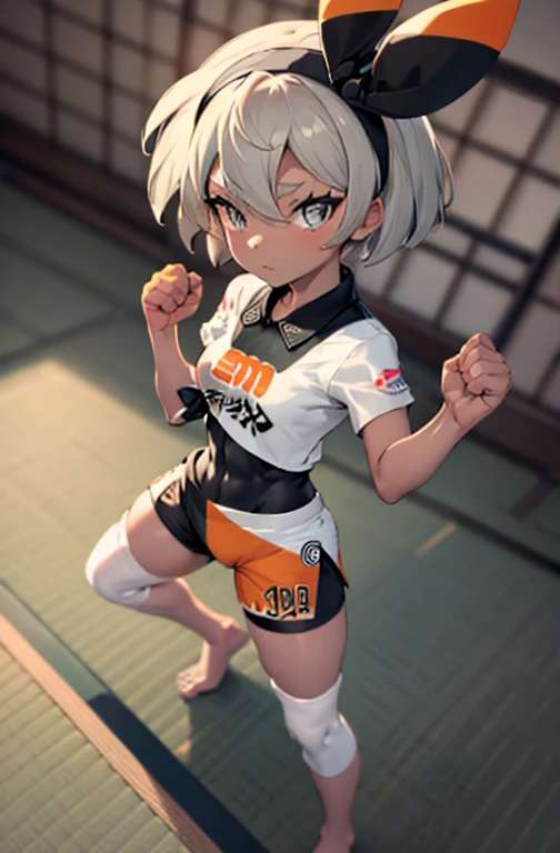 (masterpiece,best quality, detailed), 1girl, solo, indoors, dojo, tatami, from above, fighting stance, clenched hands, looking at viewer, closed mouth, legs apart, fisheye lens, depth of field, full body image, bea \(pokemon\), bow hairband, tied shirt, print shirt, black bodysuit, bodysuit under clothes, single glove, print shorts, knee pads,  