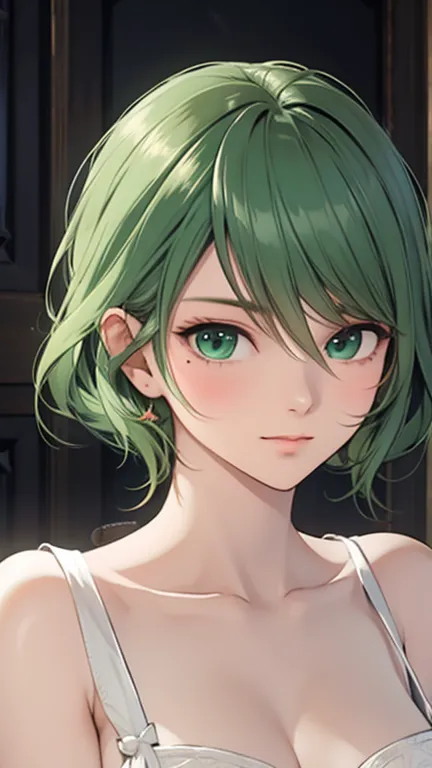 highest quality,　highest image quality,　masterpiece,　tamaki, green hair, green eyes, mole under eye, camisole,　relaxed atmospher...