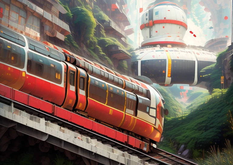 There is a red train passing through a tunnel on the railroad tracks, train in tunnel,  Built on a steep hillside, author：Zhang Wei, Surreal, absolutely, Photo taken on 2 0 2 0, monorail, The car body is beautifully painted。