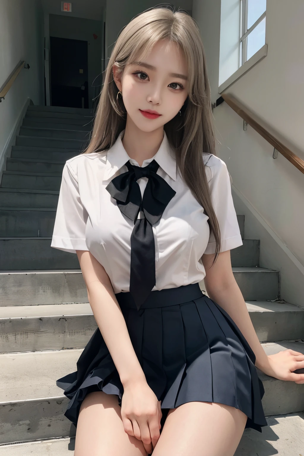 gray eyes, Korean school uniform, summer shirt, ribbon tie, skirt ...