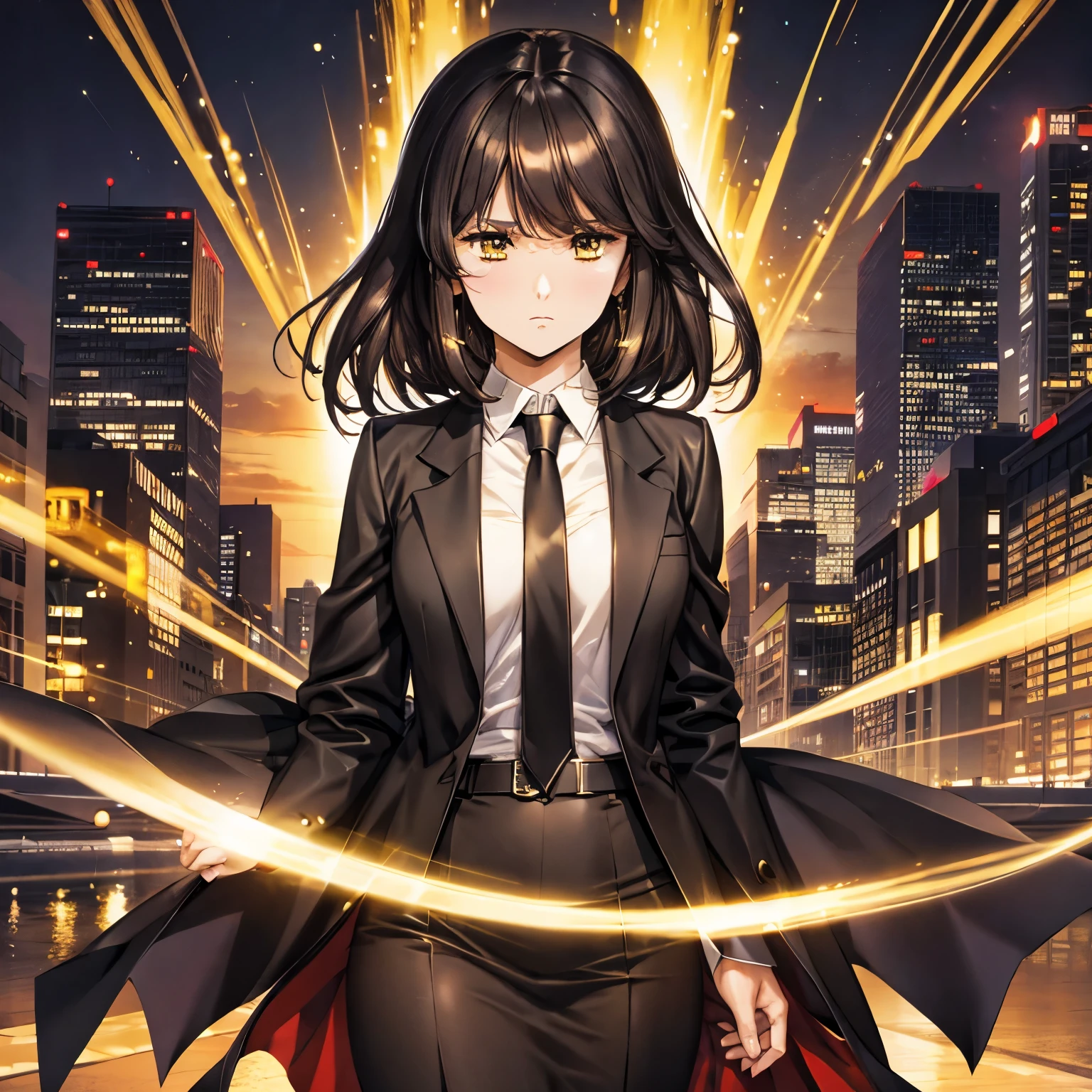 1 girl, intricate details, masterpiece, highest quality, very detailed,cinematic lighting, beautiful delicate shine, Beautiful detailed face and eyes, 8K, dark intense shadow, yellow eyes, medium hair, black hair, bangs, floating hair, black jacket, open jacket, white shirt, Expressionless, yellow necktie, black skirt, Spotlight, sunlight, sunrise, Gradient sky, city, Lens flare, cowboy shot, [[winding]], [mature woman]