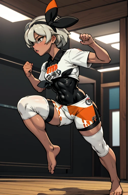 high quality, masterpiece, indoors, dojo, facing forward, thick thighs, six pack, dominant, confident, bea \(pokemon\), bow hairband, print shirt, tied shirt, black bodysuit, tight bodysuit, bodysuit under clothes, single glove, print shorts, knee pads, barefoot