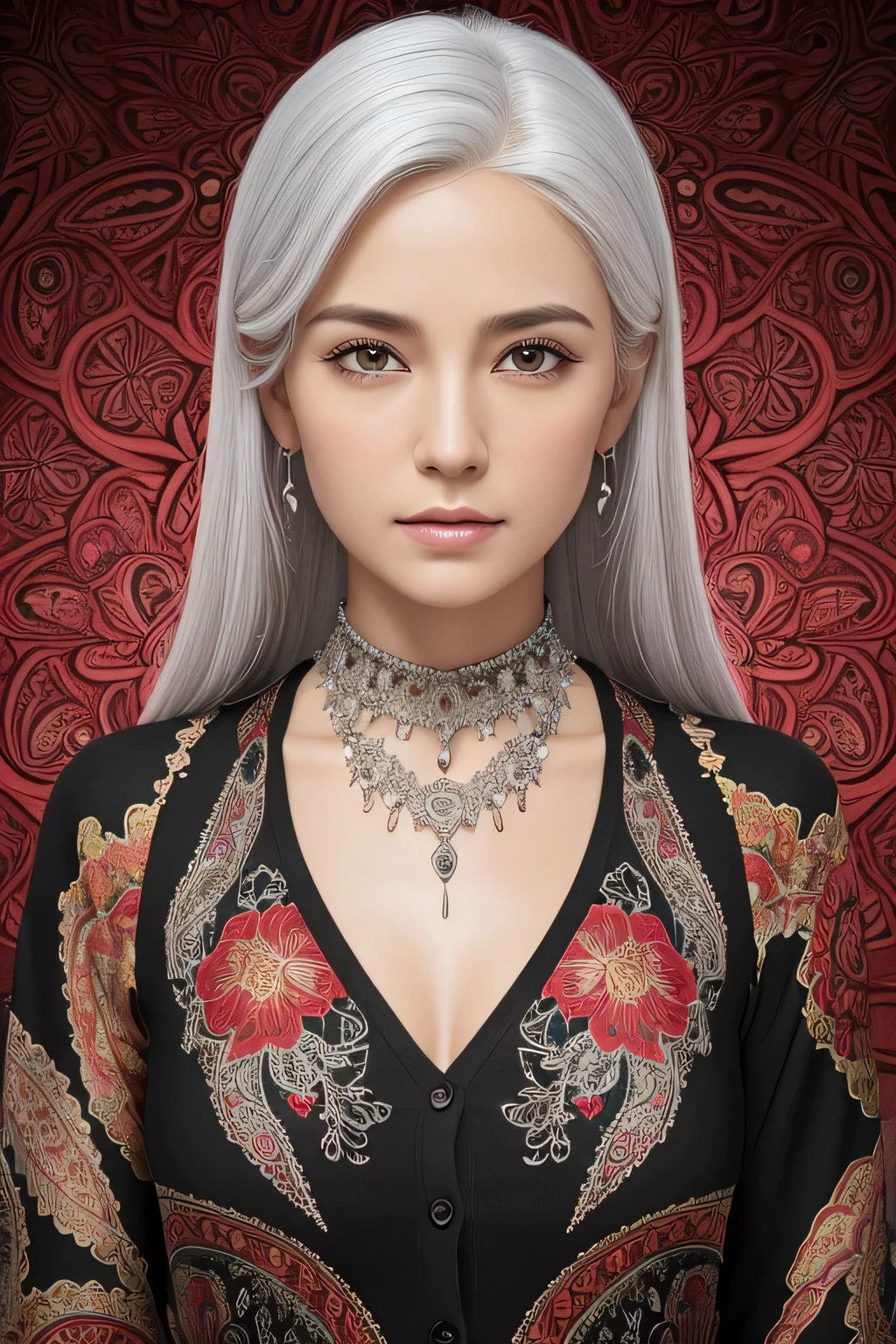 Create a realistic 3D image of a woman that looks similar to the one in the picture.. She should be set against a complex background of fractals and paisleys.. The woman had white hair., white skin, and gentle expression. She wore a black shirt with a red and black floral cardigan. Decorated with a silver necklace decorated with red beads.. The background should be complex., Featuring detailed fractal patterns and paisley designs that are pleasing and artistic..