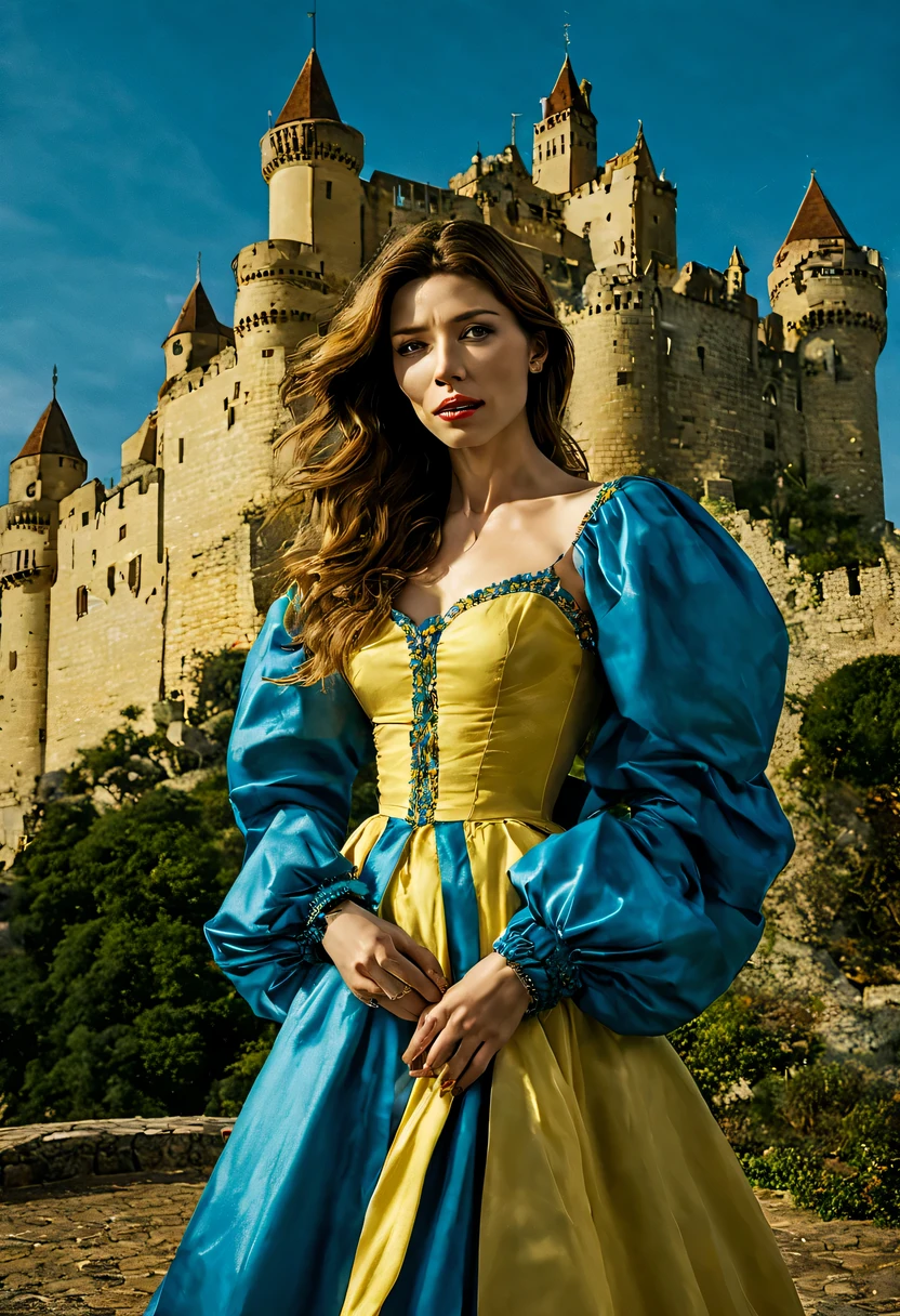 Uma imagem com uma jovens garota  bonita (Jessica Biel), (22 anos), brincando com sabre de luz, com um vestido Amarelo de baile e o sabre de luz azul. In the background, a landscape with the sky in shades of blue and burgundy, with a castle made of playing cards and two towers, e na janela da torre da direita um princesa, joga confetes, enquanto na torre da esquerda observa-se uma sombra com um sorriso largo e olhos amarelados.
