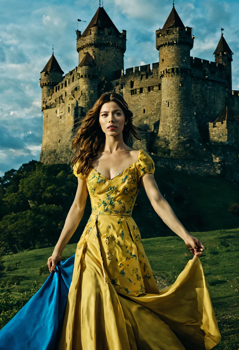 A picture with a young pretty girl (Jessica Biel), (Age 22), playing with a lightsaber, with a yellow ball gown and blue lightsaber. In the background, a landscape with the sky in shades of blue and burgundy, with a castle made of playing cards and two towers, and in the window of the tower on the right a princess, throws confetti, while in the left tower there is a shadow with a wide smile and yellowish eyes.
