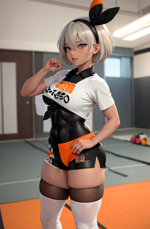 high quality, masterpiece, indoors, dojo, facing forward, thick thighs, puffy cheeks, six pack, dominant, confident, bea \(pokemon\), bow hairband, print shirt, tied shirt, black bodysuit, tight bodysuit, bodysuit under clothes, single glove, print shorts, knee pads, barefoot