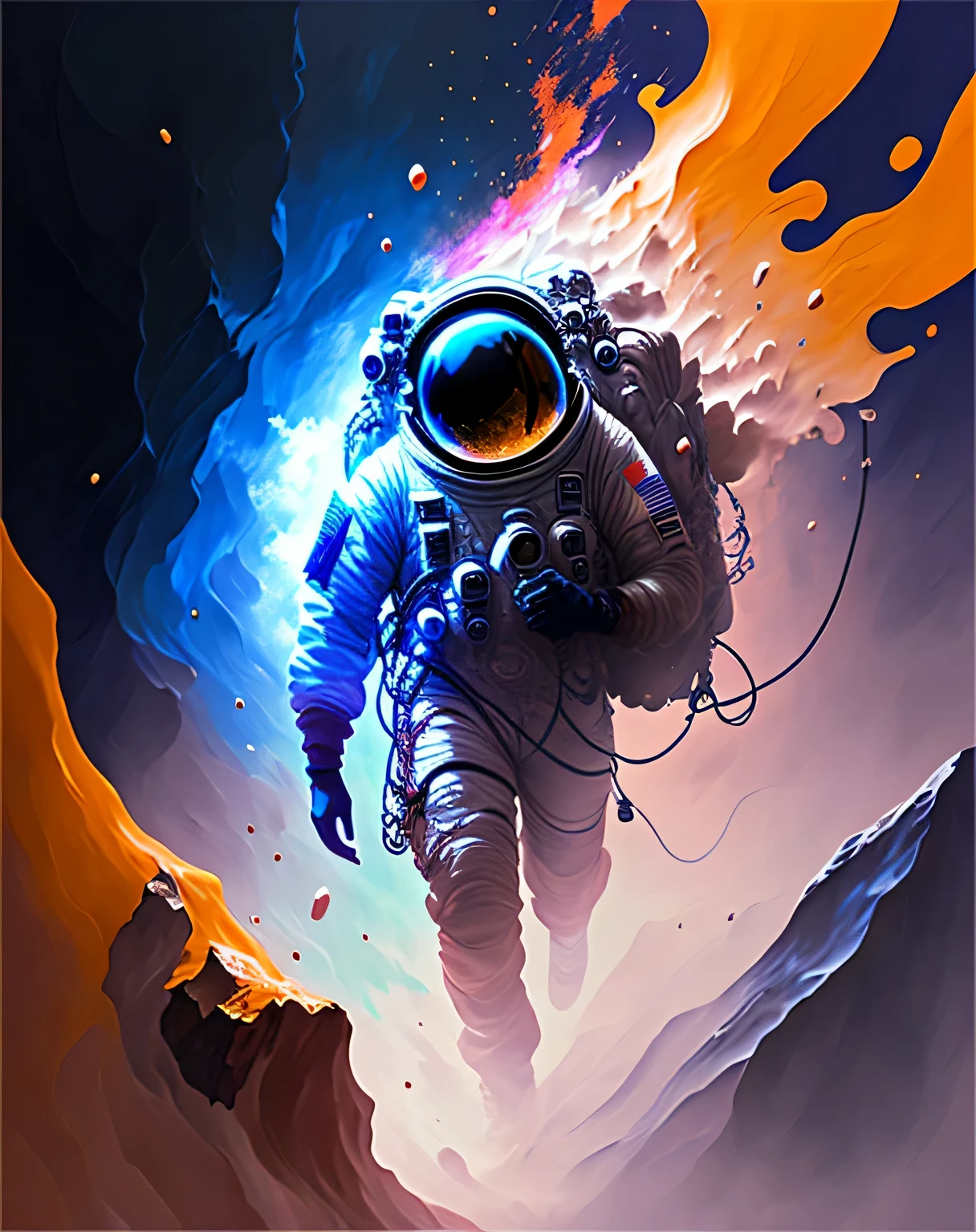 astronaut,  climbing the asteroid,  character render, ultra high quality model, ethereal background, abstract beauty, explosive volumetric, oil painting, heavy strokes, paint dripping