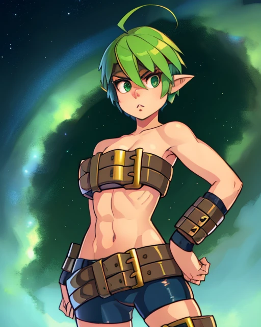 Valkyrie, short green pixie cut,headband,pointy ears, standing, solo, upper body hands in hips, 
VAtt,bare shoulders, brown belt,armored boots,bike shorts,midriff,beltbra,beltskirt, belt bracers, 
outer space, stars, 
 (insanely detailed, beautiful detailed face, masterpiece, best quality)    