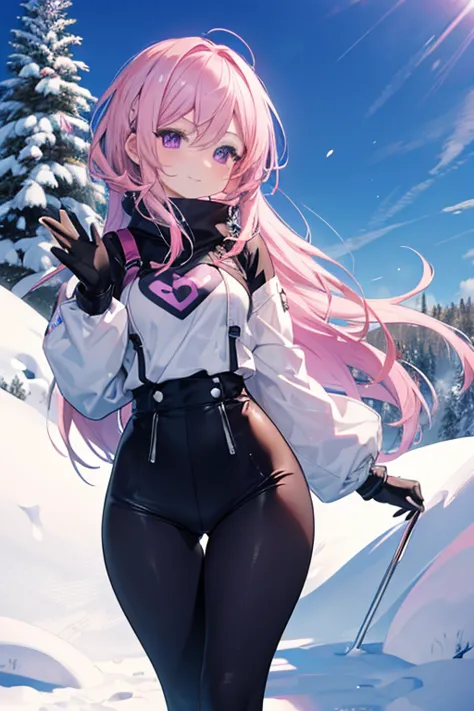 a pink haired woman with violet eyes with a hourglass figure is waving from behind a snowbank