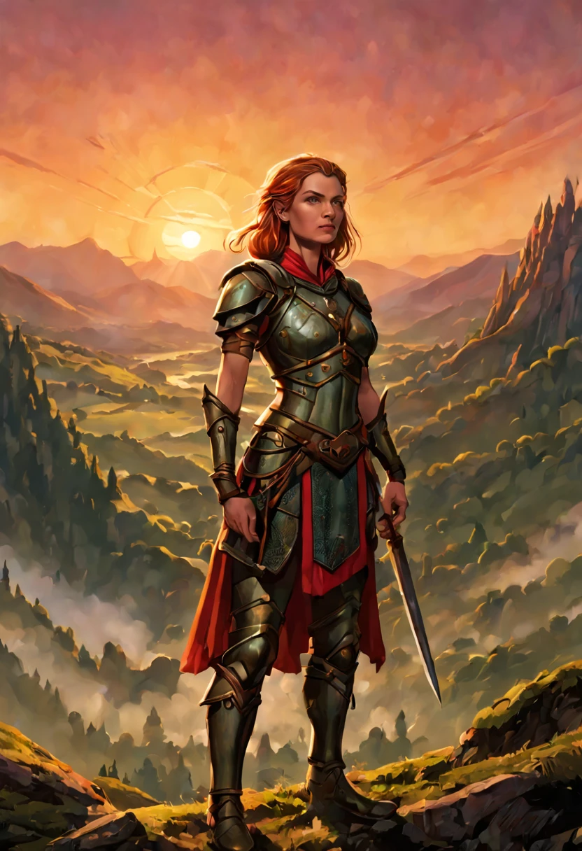 female warrior, facing front, front view , solo, colorful  fantasy, hills and forest in the distance, at sunset,  medieval setting