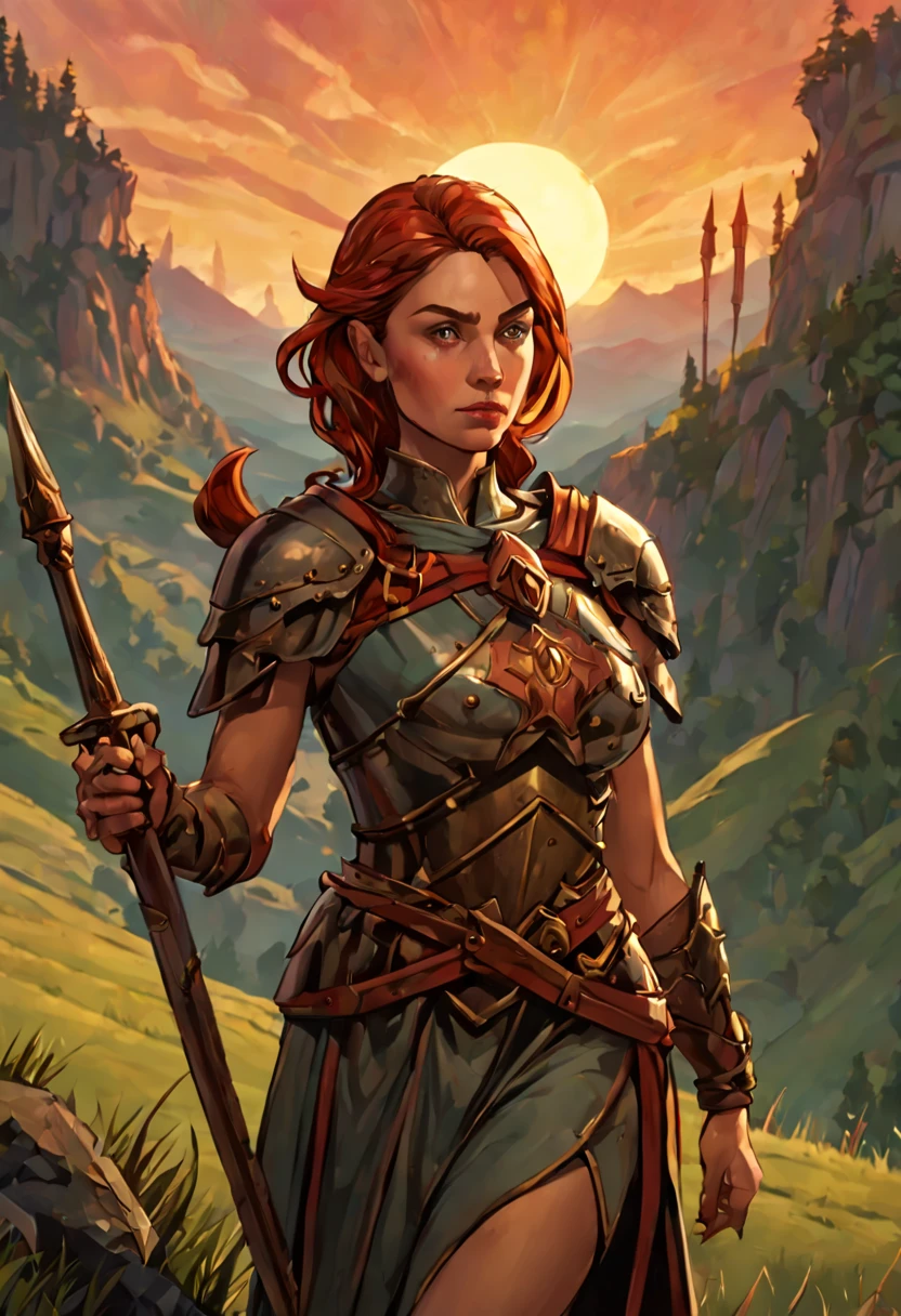 female warrior, facing front, front view , solo, colorful  fantasy, hills and forest in the distance, at sunset,  medieval setting