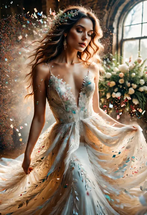 (Confetti dancing on a beautiful white delicate wedding dress），Alyssa Lazer (Aliza Razell) style, beautiful details，极繁主义style ,凯...