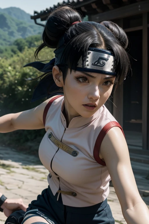 high quality,painting,realistic,portrait,Naruto woman,beautiful detailed eyes,beautiful detailed lips,flowing blonde hair,headband,vibrant colors,strong and confident expression,leaf village symbol,hidden village,traditional ninja attire,daring pose,fierce determination,peaceful backdrop,sunshine lighting,anime style,stylized background,action-packed scene,energetic brushstrokes,vivid emotions,strong personality,heroic,leader,legendary,inspiring,unyielding spirit,deep connection with nature,dynamic composition,sharp details,ninja skills,hidden power,ultimate ninja technique,arcs and spirals,sense of movement,loyal friends,unbreakable bonds,masterful shading,texture and depth,powerful impact,memorable artwork.