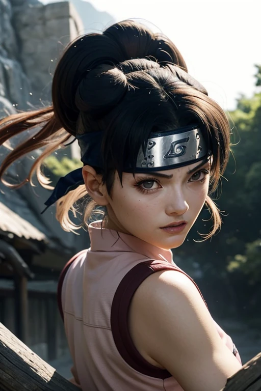 high quality,painting,realistic,portrait,Naruto woman,beautiful detailed eyes,beautiful detailed lips,flowing blonde hair,headband,vibrant colors,strong and confident expression,leaf village symbol,hidden village,traditional ninja attire,daring pose,fierce determination,peaceful backdrop,sunshine lighting,anime style,stylized background,action-packed scene,energetic brushstrokes,vivid emotions,strong personality,heroic,leader,legendary,inspiring,unyielding spirit,deep connection with nature,dynamic composition,sharp details,ninja skills,hidden power,ultimate ninja technique,arcs and spirals,sense of movement,loyal friends,unbreakable bonds,masterful shading,texture and depth,powerful impact,memorable artwork.