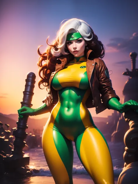 (((COMIC STYLE, CARTOON ART))). A comic-style image of Rogue, with her as the central figure. She has long, straight purple hair, purple eyes, and red lips. Wearing a traditional Green anda yellow costume. (((Slim Hot body, sexy, sensual, camel toes ))), (...