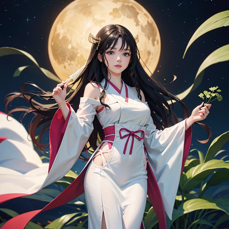 super fine illustration, best quality, woman in traditional Japanese attire holding freshly picked celery at night. Delicate and beautiful with long black hair gracefully flowing, and a finely sculpted face in pure white. Acrylic painting style emphasizing simplicity yet highlighting profound beauty.
