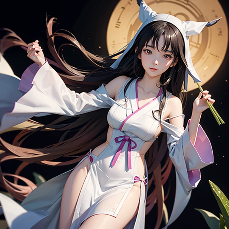 super fine illustration, best quality, woman in traditional Japanese attire holding freshly picked celery at night. Delicate and beautiful with long black hair gracefully flowing, and a finely sculpted face in pure white. Acrylic painting style emphasizing simplicity yet highlighting profound beauty.
